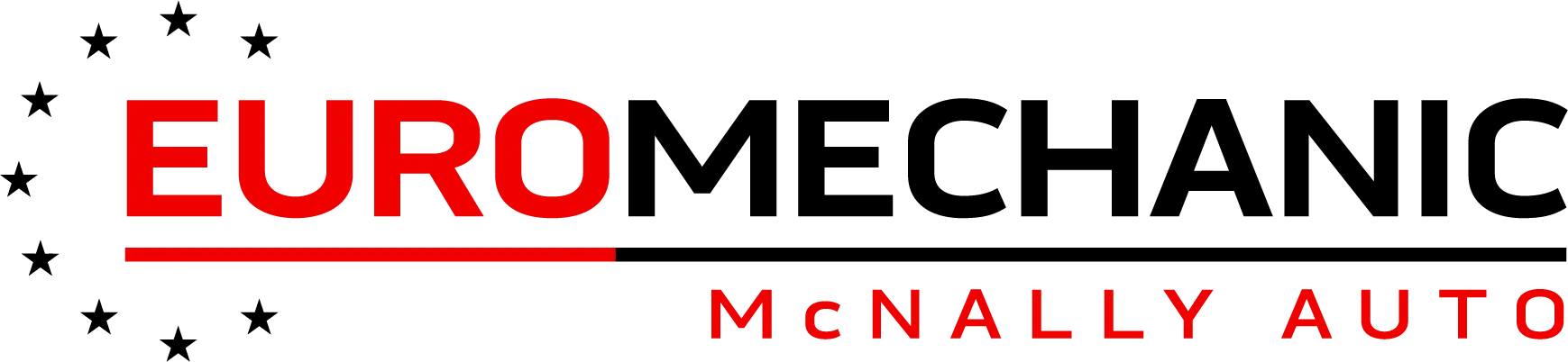 Logo with the text EUROMECHANIC in bold black and red letters, accompanied by small stars in a semi-circle formation on the left. Below is the text McNALLY AUTO in smaller red letters. EuroMechanic - McNally Auto | Top Reviewed Auto Repair Shop in North York | Visit EuroMechanic - McNally Auto