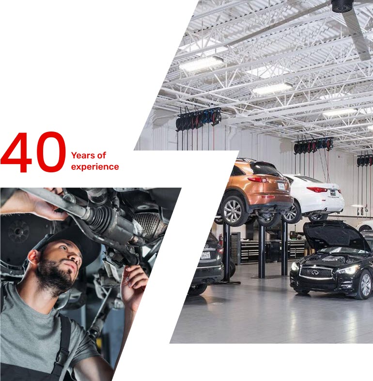 A mechanic works under a car on the left while on the right, a garage displays multiple cars lifted for repair. Text reads 40 Years of Experience. The professional setting with bright overhead lights highlights expert auto repair services in North York. EuroMechanic - McNally Auto | Top Reviewed Auto Repair Shop in North York | Visit EuroMechanic - McNally Auto