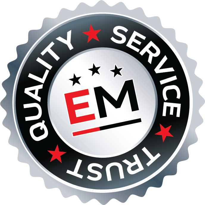 A circular badge with a metallic look, featuring the text QUALITY SERVICE TRUST around the edge and EM with stars in the center. Red stars and accents highlight parts of the design. EuroMechanic - McNally Auto | Top Reviewed Auto Repair Shop in North York | Visit EuroMechanic - McNally Auto