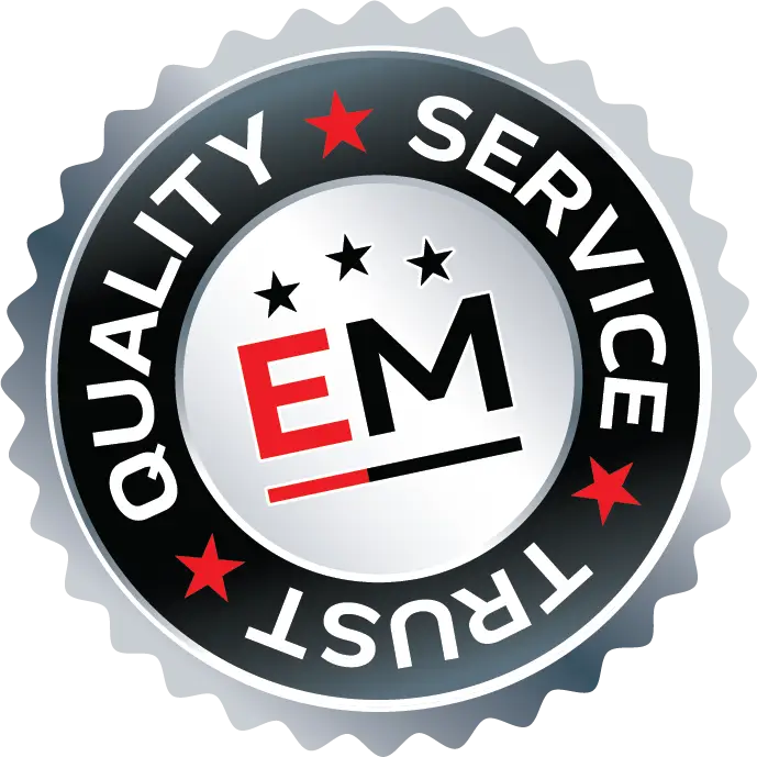 A circular badge with a metallic look, featuring the text QUALITY SERVICE TRUST around the edge and EM with stars in the center. Red stars and accents highlight parts of the design. EuroMechanic - McNally Auto | Top Reviewed Auto Repair Shop in North York | Visit EuroMechanic - McNally Auto