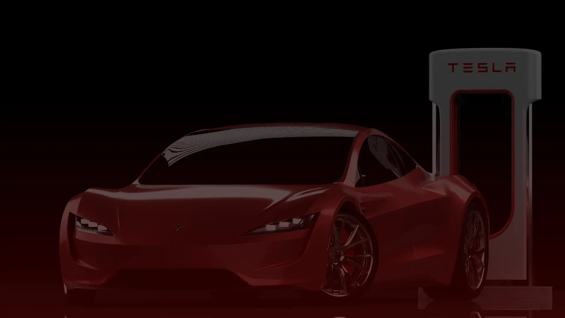 A sleek red sports car is parked next to a Tesla charging station in a dark setting, not far from the Tesla Mechanic North York location. Its futuristic design features sharp angles and a low profile, illuminated slightly from above. EuroMechanic - McNally Auto | Top Reviewed Auto Repair Shop in North York | Visit EuroMechanic - McNally Auto