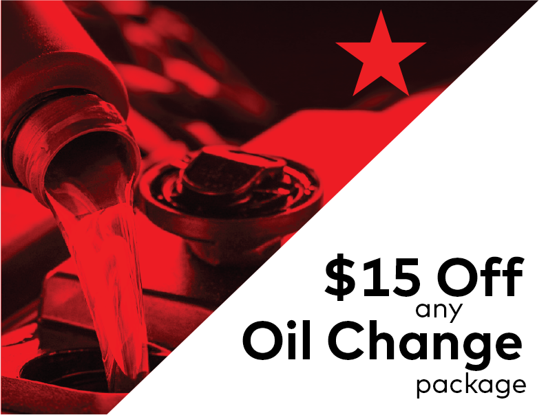 A red-tinted image of motor oil being poured into an engine. The right side features a red star and text offering $15 Off any Oil Change package on a white background. EuroMechanic - McNally Auto | Top Reviewed Auto Repair Shop in North York | Visit EuroMechanic - McNally Auto