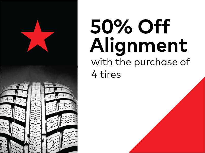 Stylized advertisement with a close-up of a tire tread on the left and a red star above it. Text on the right reads: 50% Off Alignment with the purchase of 4 tires against a white and red geometric background. EuroMechanic - McNally Auto | Top Reviewed Auto Repair Shop in North York | Visit EuroMechanic - McNally Auto