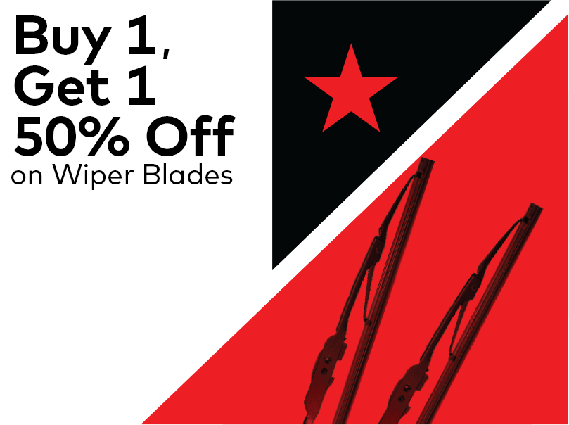 Advertisement with text: Buy 1, Get 1 50% Off on Wiper Blades in black and red. Two wiper blades are shown on the right, with a black star on a red and black background. EuroMechanic - McNally Auto | Top Reviewed Auto Repair Shop in North York | Visit EuroMechanic - McNally Auto