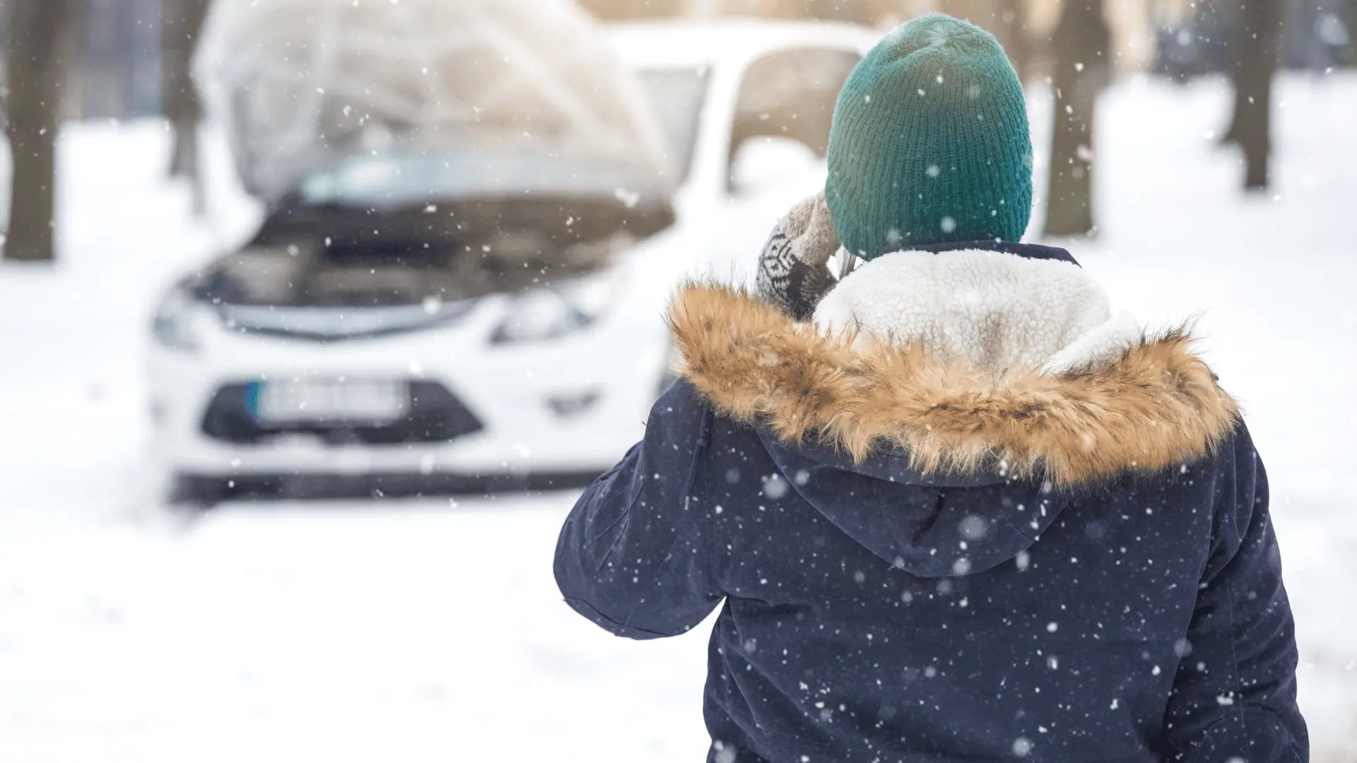 A person in a winter coat and green hat stands in falling snow, facing a white car with its hood up, suggesting a breakdown or car trouble in cold weather. EuroMechanic - McNally Auto | Top Reviewed Auto Repair Shop in North York | Visit EuroMechanic - McNally Auto